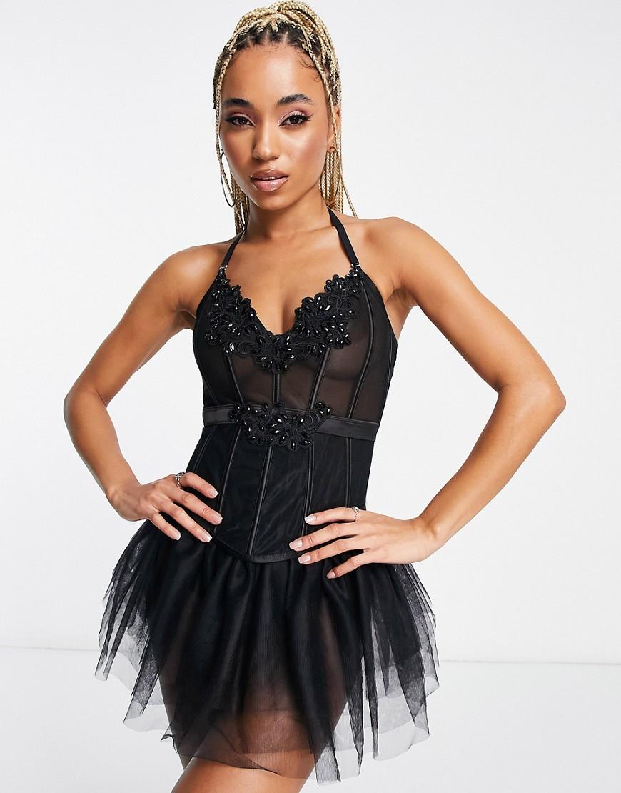 ASOS DESIGN mesh monowire ruched corset with skinny straps in