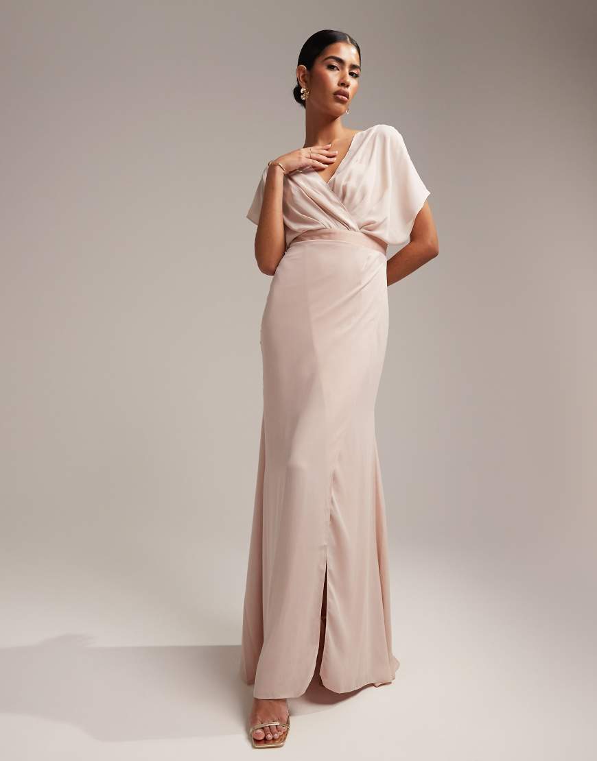 ASOS DESIGN Bridesmaid fallen shoulder drape maxi dress with layered wrap  skirt in olive